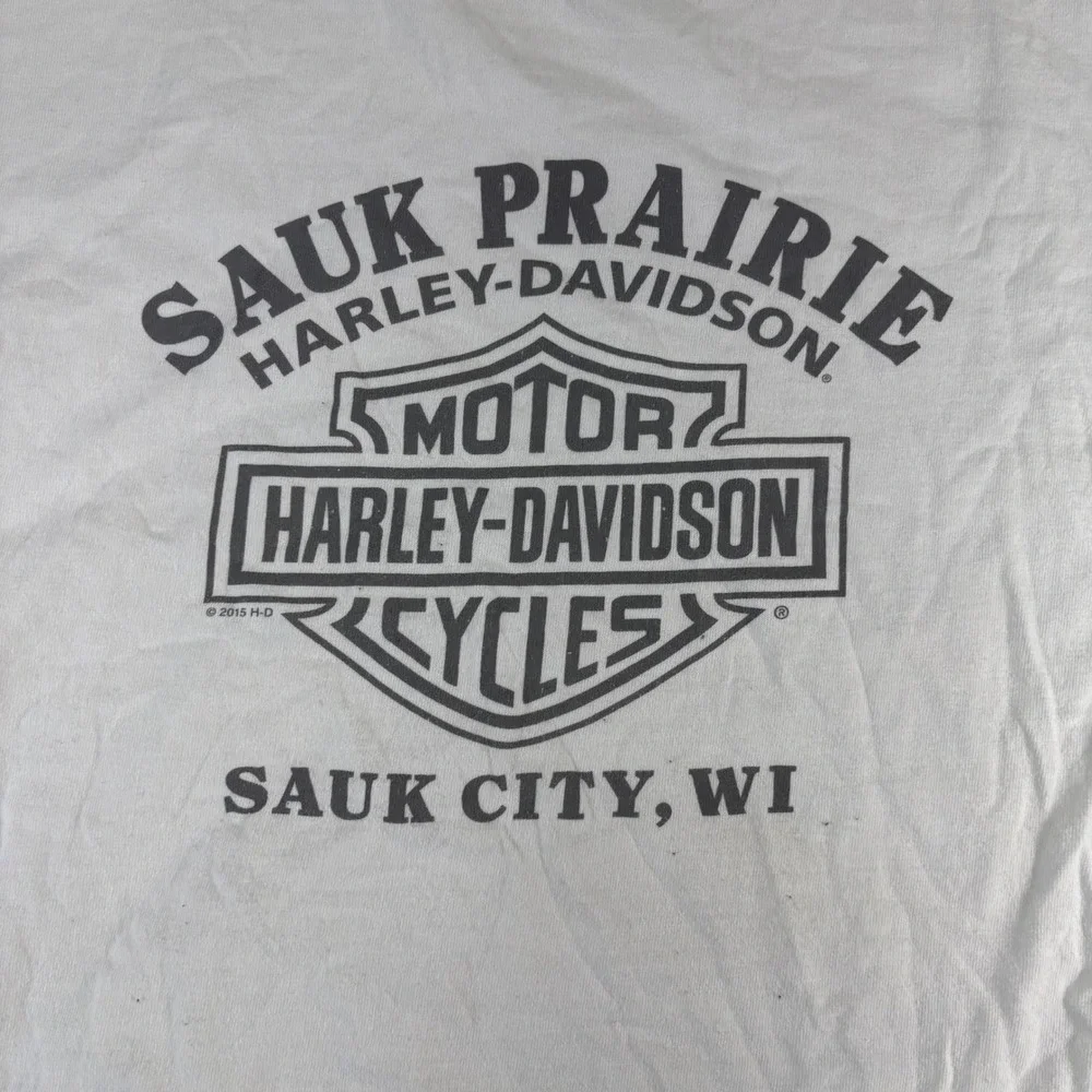 VTG Harley-Davidson T-Shirt Mens XL White Eagle Flag Sauk Prairie WI USA‎ Made